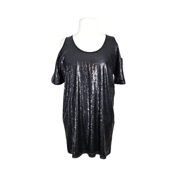 Lovers + Friends Black Sequin Cold Shoulder Mini Swing Dress - Picture 1 of 9